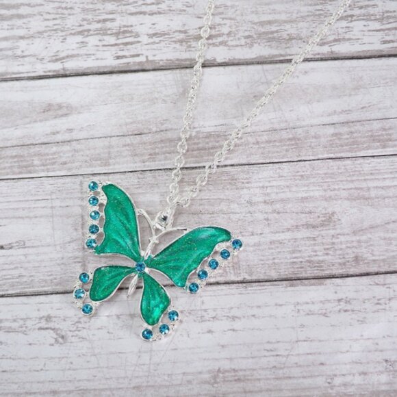 Large green butterfly pendant necklace in shiny enamel and blue crystals - Picture 5 of 7